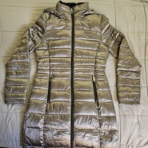 Andrew Marc XS Women's Long Down Packable Puffer Coat Metallic Silver Gray
